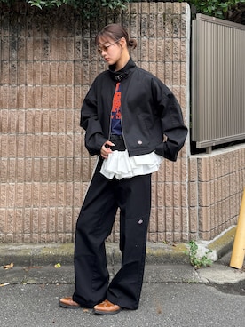 「Dickies（ディッキーズ）のDICKIES 別注 EISENHOWER ジャケット（その他アウター、ブラック系）」を使った、KAMEYAMAさん（レディース・168cm）の夏コーディネート