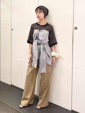 「CITYSHOP（シティーショップ）のLIGHT SLACKS パンツ（スラックス、ベージュ系）」を使った、KAMEYAMAさん（レディース・168cm）の夏コーディネート