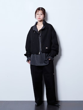 「Dickies（ディッキーズ）のDICKIES 別注 EISENHOWER ジャケット（その他アウター、ブラック系）」を使った、KAMEYAMAさん（レディース・168cm）の夏コーディネート