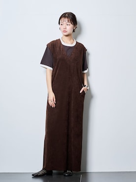 「CITYSHOP（シティーショップ）のFAUX SUEDE I-LINE DRESS：ワンピース（ワンピース、ブラウン系）」を使った、KAMEYAMAさん（レディース・168cm）の夏コーディネート