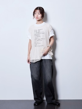 「Lee（リー）のLEE 別注 PAINTER PANTS：デニムパンツ（デニムパンツ、ブラック系）」を使った、KAMEYAMAさん（レディース・168cm）の夏コーディネート