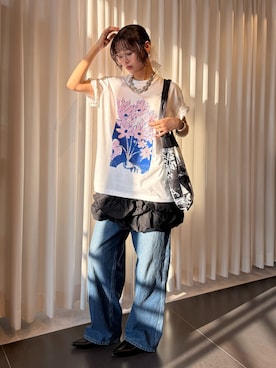 「Lee（リー）のLEE 別注 PAINTER PANTS：デニムパンツ（デニムパンツ、ブルー系）」を使った、KAMEYAMAさん（レディース・168cm）の夏コーディネート