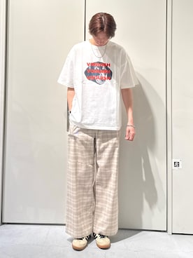 「CIAOPANIC TYPY（チャオパニックティピー）の【UNISEX】【プラスサイズあり】犬＆猫 アソートロゴプリントTee（Tシャツ/カットソー、ホワイト系）」を使った、かとしょーさん（メンズ・180cm）の春コーディネート