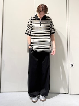 「CIAOPANIC TYPY（チャオパニックティピー）の【UNISEX】透かし編みメッシュボーダーハーフジップサマーニットポロ（ポロシャツ、ブラック系）」を使った、かとしょーさん（メンズ・180cm）の春コーディネート