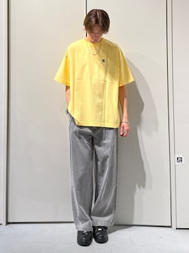 「CIAOPANIC TYPY（チャオパニックティピー）の【ojisan】ユニセックスワンポイントサガラ刺繍半袖Tee（Tシャツ/カットソー、イエロー系）」を使った、かとしょーさん（メンズ・180cm）の春コーディネート