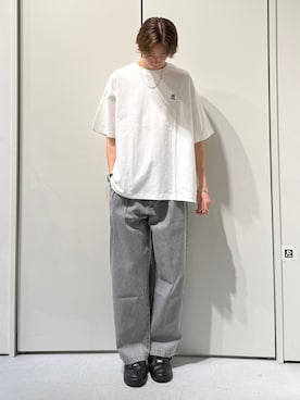 「CIAOPANIC TYPY（チャオパニックティピー）の【DOGS】ユニセックスアニマル刺繍ロゴ半袖TEE（Tシャツ/カットソー、ホワイト系）」を使った、かとしょーさん（メンズ・180cm）の春コーディネート