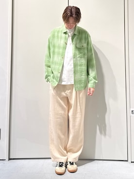 「CIAOPANIC TYPY（チャオパニックティピー）の【着心地◎】ユニセックス/シアサッカーフェードチェックシャツ（シャツ/ブラウス、グリーン系）」を使った、かとしょーさん（メンズ・180cm）の春コーディネート