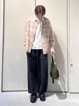 「CIAOPANIC TYPY（チャオパニックティピー）の【着心地◎】ユニセックス/シアサッカーフェードチェックシャツ（シャツ/ブラウス、ベージュ系）」を使った、かとしょーさん（メンズ・180cm）の春コーディネート
