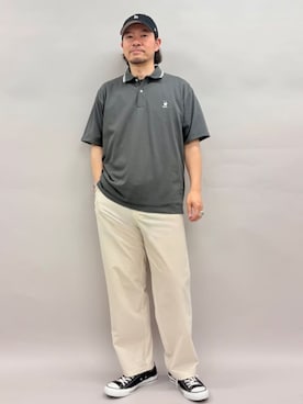 「coen（コーエン）の【ストレッチ・吸水速乾性・通気性・防シワ・UVカット】ストレッチテック メッシュリラックスパンツ（その他パンツ、ベージュ系）」を使った、coen officialさん（レディース・153cm）の春コーディネート