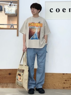「coen（コーエン）のONE PIECE（ワンピース）Tシャツ（Tシャツ/カットソー、ベージュ系）」を使った、coen officialさん（レディース・153cm）の春コーディネート