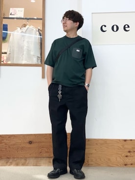 「SMITH'S（スミス）のSMITH'S（スミス）別注ポケット切替えTシャツ（Tシャツ/カットソー、グリーン系）」を使った、coen officialさん（レディース・153cm）の春コーディネート