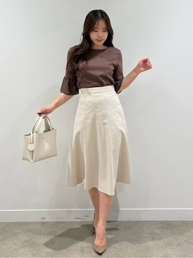 「COUP DE CHANCE（クードシャンス）の【5分袖／日本製／接触冷感】異素材ドッキングカットソー（Tシャツ/カットソー、ブラウン系）」を使った、MISAKIさん（レディース・158cm）の春コーディネート