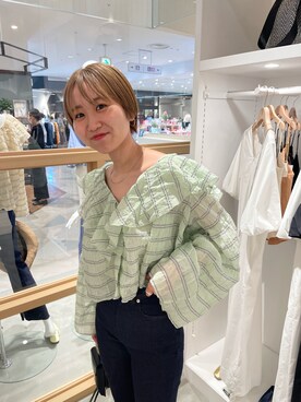 「mystic（ミスティック）のシアーボーダーラッフルブラウス（シャツ/ブラウス）」を使った、kida  tsugumiさん（レディース・161cm）の夏コーディネート