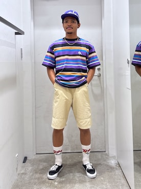 「アイテム（キャップ、パープル系）」を使った、CHRISさん（メンズ・172cm）の夏コーディネート