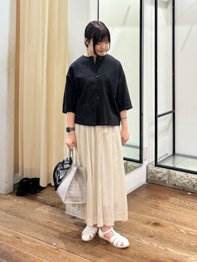 「かぐれ（カグレ）のノーカラーハーフスリーブジャケット（ノーカラージャケット、ブラック系）」を使った、chihiroさん（レディース・153cm）の夏コーディネート