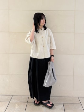 「かぐれ（カグレ）のノーカラーハーフスリーブジャケット（ノーカラージャケット、ベージュ系）」を使った、chihiroさん（レディース・153cm）の夏コーディネート