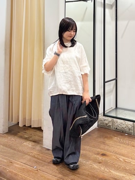 「かぐれ（カグレ）のエアーライトデニムイージーパンツ（デニムパンツ、ブルー系）」を使った、chihiroさん（レディース・153cm）の夏コーディネート