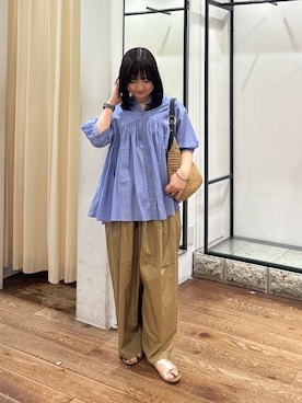 「RODE SKO（ロデスコ）のプチワンハンドルペーパートート（トートバッグ、イエロー系）」を使った、chihiroさん（レディース・153cm）の夏コーディネート