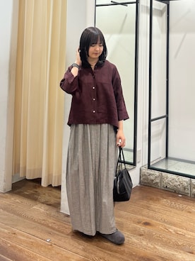 「かぐれ（カグレ）のリネン半袖オープンカラーシャツ（シャツ/ブラウス、ブラウン系）」を使った、chihiroさん（レディース・153cm）の夏コーディネート