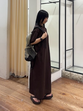 「EKAL（エカル）のDOT AIR ONEPIECE（ワンピース、ブラウン系）」を使った、chihiroさん（レディース・153cm）の春コーディネート