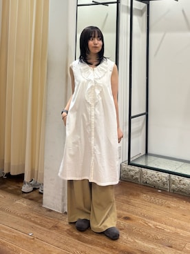「FORK&SPOON（フォークアンドスプーン）のFORK&SPOON　ツータックワイドパンツ（その他パンツ、ベージュ系）」を使った、chihiroさん（レディース・153cm）の夏コーディネート