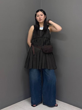 「KBF（ケイビーエフ）のスクエアトゥリボンコンビサンダル（サンダル、ブラック系）」を使った、のぶさん（レディース・163cm）の夏コーディネート