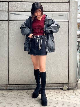 「EMODA（エモダ）のバルキープランプフィットブーツ（ブーツ）」を使った、櫻井花乃さん（レディース・164cm）の秋コーディネート
