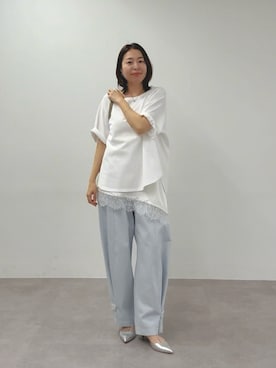 「RIVE DROITE（リヴドロワ）の【インフルエンサーYossshiiii企画】ヴィンテージ天竺ゴブソデTee（Tシャツ/カットソー、ホワイト系）」を使った、AIさん（レディース・160cm）の春コーディネート