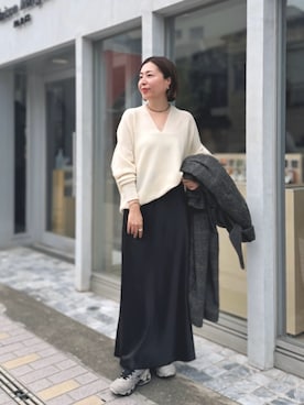 「アイテム（ステンカラーコート）」を使った、AIさん（レディース・160cm）の秋コーディネート