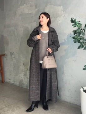 「アイテム（ステンカラーコート）」を使った、AIさん（レディース・160cm）の冬コーディネート