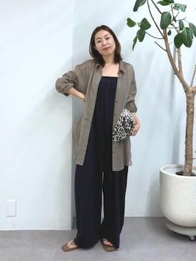 「RIVE DROITE（リヴドロワ）の予約【接触冷感/2WAY/カシュクールアレンジ可】シアーロングシャツ（シャツ/ブラウス、ブラウン系）」を使った、AIさん（レディース・160cm）の夏コーディネート