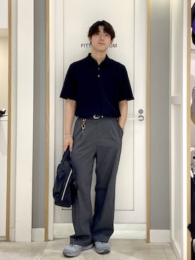 「GLOBAL WORK（グローバルワーク）のイージーケアリネンストレートパンツ/600994（その他パンツ、グレー系）」を使った、スギさん（メンズ・176cm）の夏コーディネート