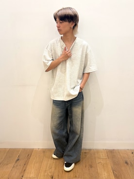 「SENSE OF PLACE by URBAN RESEARCH(センスオブプレイスバイアーバンリサーチ)の『一部WEB限定カラー』ヴィンテージライクデニムワイドパンツ(デニムパンツ、ブルー系)」を使った、showさん(メンズ・165cm)の夏コーディネート
