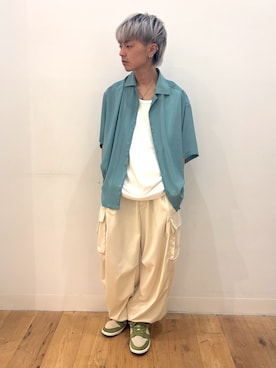 「SENSE OF PLACE by URBAN RESEARCH(センスオブプレイスバイアーバンリサーチ)のシアーヨウリュウオープンカラーシャツ(シャツ/ブラウス、グリーン系)」を使った、showさん(メンズ・165cm)の夏コーディネート