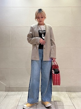 「アイテム（ノーカラージャケット）」を使った、小菅さん（レディース・156cm）の秋コーディネート