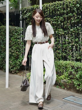 「Lunea（ルネア）のフラワーチュールボリュームブラウス / flower tulle volume blouse（シャツ/ブラウス、グリーン系）」を使った、みさねさん（レディース・158cm）の夏コーディネート