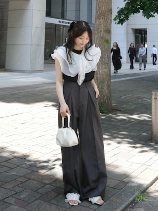 「Lunea(ルネア)の【リボン取り外し可】2wayチュールレイヤードつけ襟 / 2-way layered tulle collar(付け襟)」を使った、みさねさん(レディース・158cm)の夏コーディネート