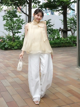 「Lunea（ルネア）のサイドリボンシアートップス/ side ribbon sheer top（シャツ/ブラウス、イエロー系）」を使った、みさねさん（レディース・158cm）の夏コーディネート