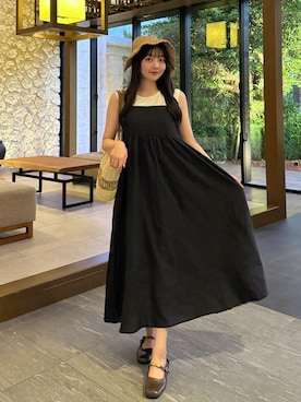 「Lunea（ルネア）のスクエアストラップフラットミュール（パンプス、ブラウン系）」を使った、みさねさん（レディース・158cm）の夏コーディネート