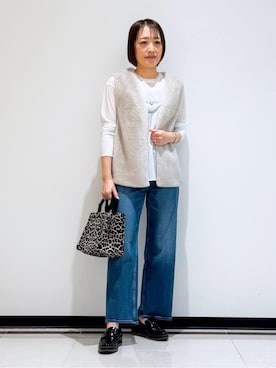 「INDIVI（インディヴィ）のミンク調フェイクファージレ（ベスト、ベージュ系）」を使った、mikaさん（レディース・165cm）の冬コーディネート