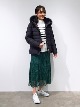 「INDIVI（インディヴィ）の◆【ボーダー/WEB限定カラー/洗える】ウォームコットン配色リブニット（ニット/セーター）」を使った、mikaさん（レディース・165cm）の冬コーディネート