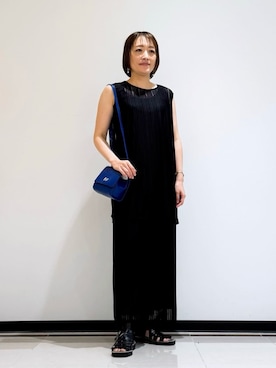 「INDIVI（インディヴィ）の【洗える／セットアップ可能】ラッセルチュニック（チュニック、ブラック系）」を使った、mikaさん（レディース・165cm）の夏コーディネート
