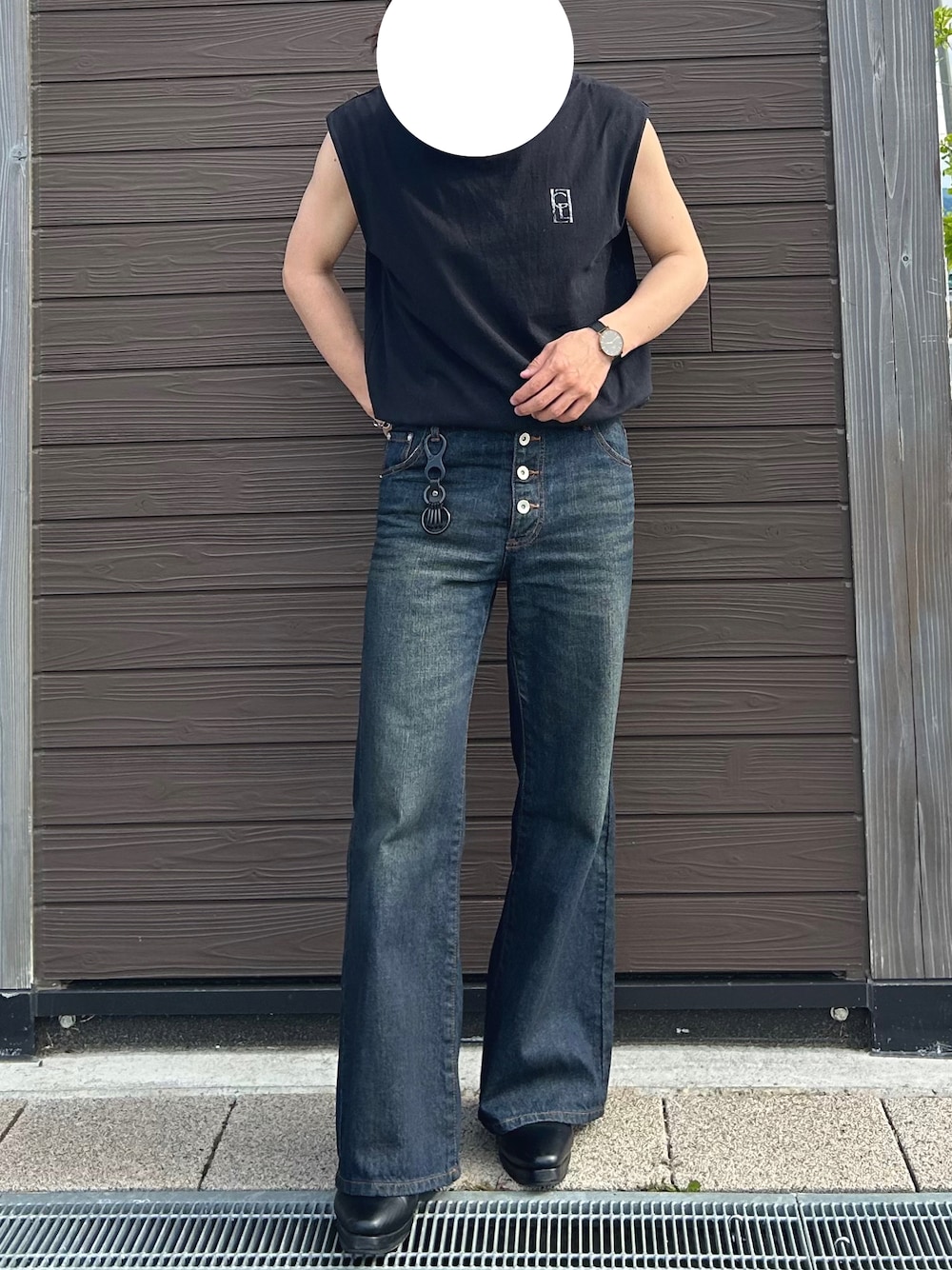 「アウトドアスタイル、休日スタイル、夏コーデ、メンズコーデ、低身長、プチプラ」｜「CLELの【CLEL】Vintage Design Pantalon Denim Pants/ヴィンテージデザイン パンタロンデニムパンツ（デニムパンツ、ブルー系）」を使った、ゆおさん（骨格ウェーブ・メンズ・167cm）の秋コーディネートの1枚目の写真