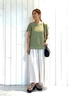 「INDIVI（インディヴィ）の【和紙混素材】フレンチスリーブミックスカラーニット（ニット/セーター、グリーン系）」を使った、romiさん（レディース・158cm）の夏コーディネート