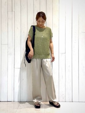 「INDIVI（インディヴィ）の【和紙混素材】フレンチスリーブミックスカラーニット（ニット/セーター、グリーン系）」を使った、romiさん（レディース・158cm）の夏コーディネート