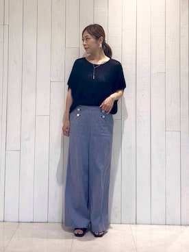 「INDIVI（インディヴィ）の【洗える／清涼感】コクーンシルエットニット（ニット/セーター、ブラック系）」を使った、romiさん（レディース・158cm）の夏コーディネート