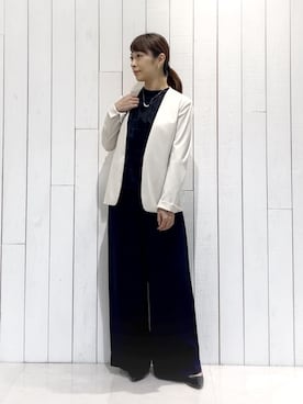 「INDIVI（インディヴィ）の【定番スーツ/洗える/UVケア】ストレッチノーカラージャケット（スーツジャケット、ベージュ系）」を使った、romiさん（レディース・158cm）の冬コーディネート