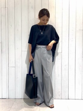 「INDIVI（インディヴィ）の【洗える／二の腕カバー】バイカラーラメニット（ニット/セーター、ブルー系）」を使った、romiさん（レディース・158cm）の夏コーディネート