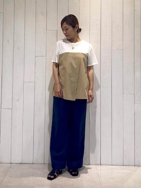 「INDIVI（インディヴィ）の【洗える】ビスチェレイヤード風トップス（Tシャツ/カットソー、ベージュ系）」を使った、romiさん（レディース・158cm）の夏コーディネート
