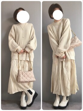 「niko and...（ニコアンド）のアイテム（ニット/セーター、ベージュ系）」を使った、korekaranocyosenさん（レディース・163cm）の冬コーディネート